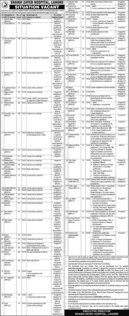 Sheikh Zayed Hospital Jobs Advertisement 2024